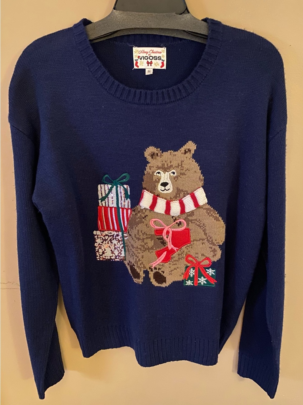 Vigoss Navy Holiday Crewneck Sweater with Bear & Gifts